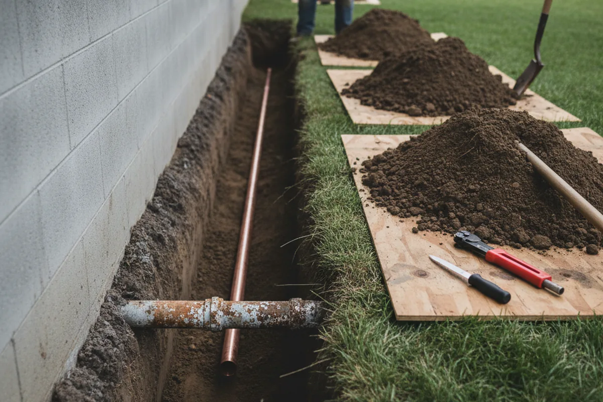 Excavated water line trench during Water Softener Installation in Silverthorne